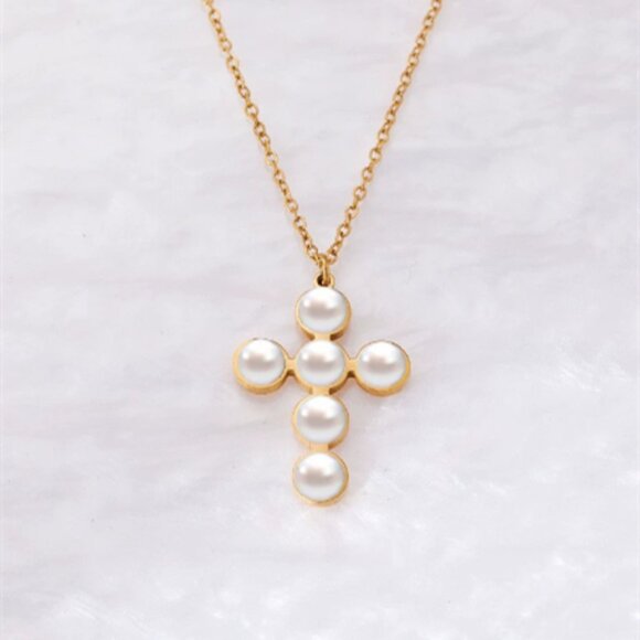 【Cross】 Cross-shaped pearl necklace - Picture 1 of 1